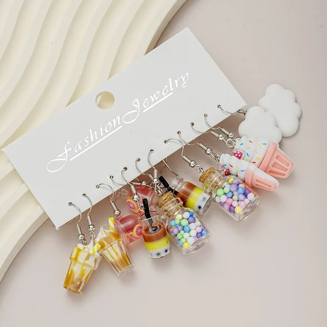 New Cartoon Heart Ice Cream Milk Tea Earrings Set for Women Girl Cute Colorful Geometric Animal Drop Earring Trendy Jewelry Gift 5