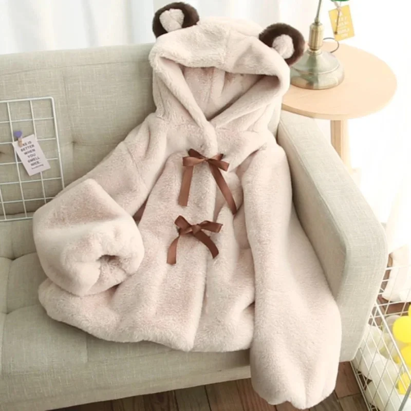 

Lamb Hair Coat Women Bear Ear Winter New Korean Fashion Cute Preppy Style Oversized Hooded Loose Kawaii Hoodies Jacket