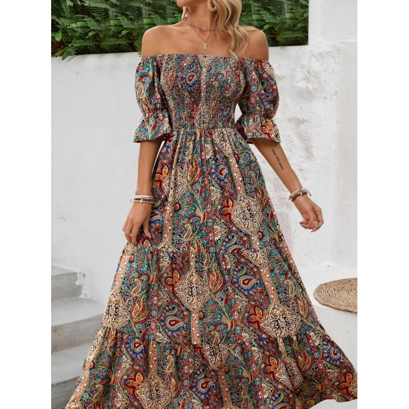 

Paisley Print Off Shoulder Shirred Dress, Vacation Style Swing Short Sleeve Dress For Spring & Summer, Women's Clothing