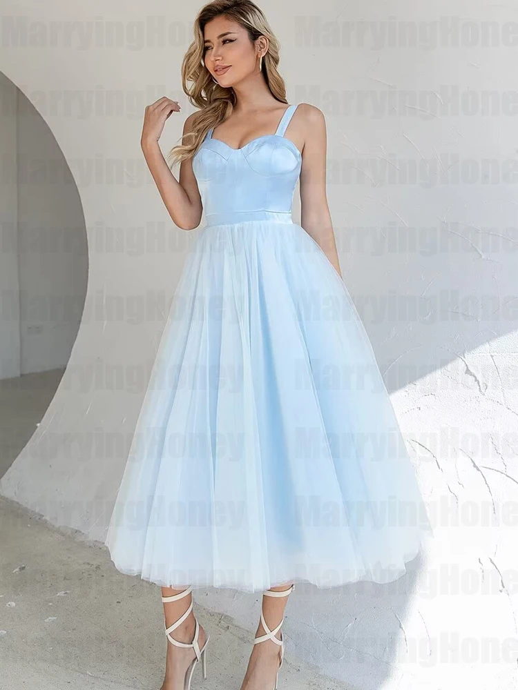 

A Line Homecoming Prom Dresses Tea Length Tulle Backless Dresses for Teens Satin Formal Evening Gowns