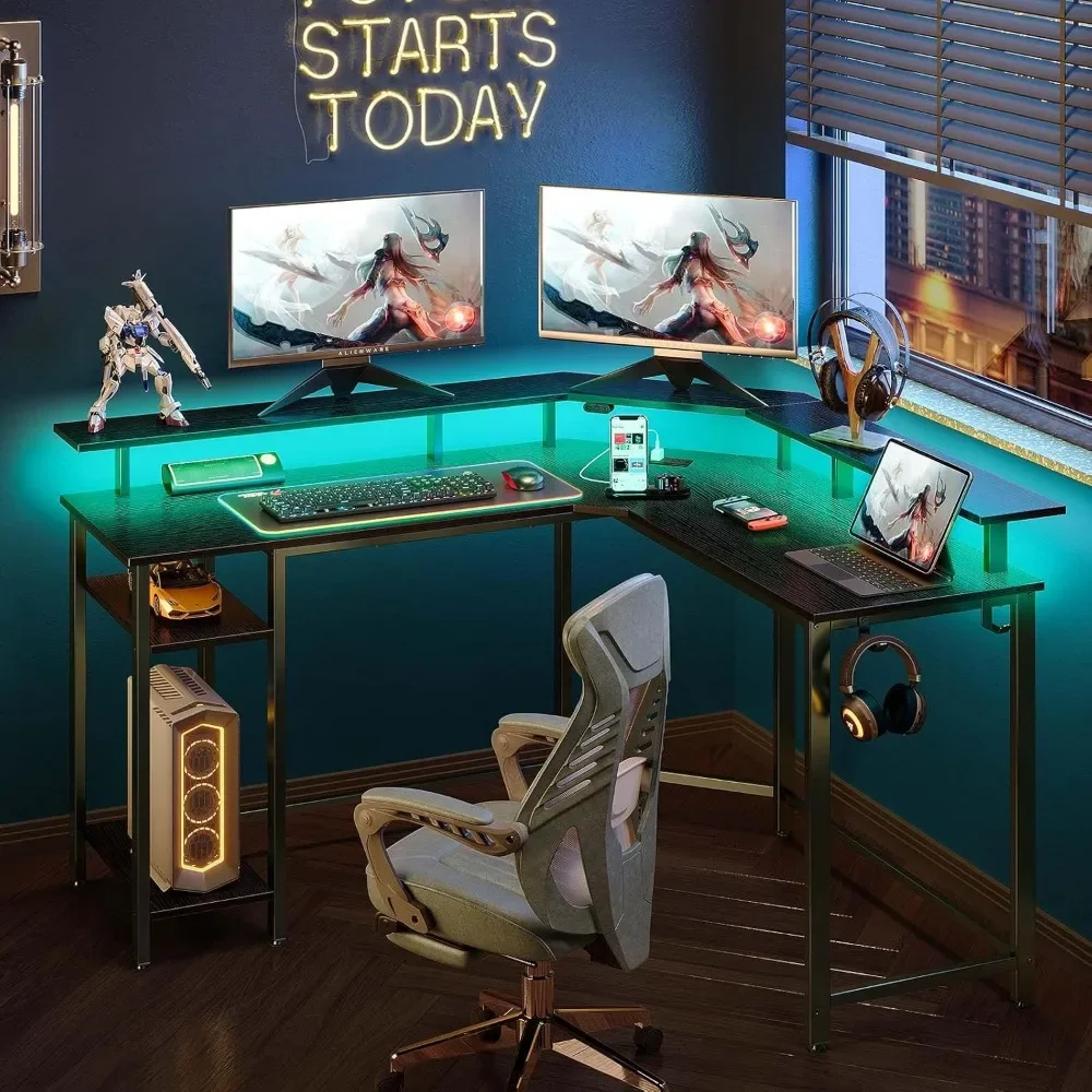 New2025-L Shaped Gaming Desk with LED Lights & Power Outlets, 46.2" Computer Desk with Full Monitor Stand & Storage Shelf, Corne