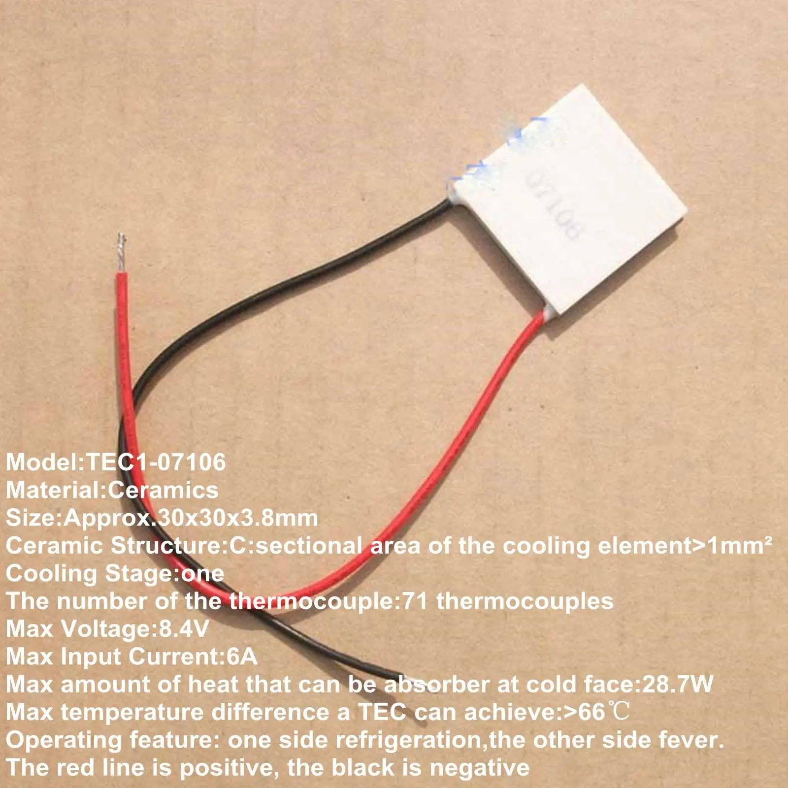 30x30x3.8mm 6A 8.4V 28.7W TEC1-07106 Thermoelectric Cooler Peltier Heatsink