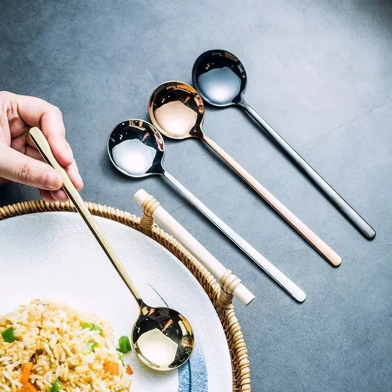 

Stainless Steel Korean Round Spoon Long Handle Tablespoons Ramen Soup Ladle Creative Kitchen Rice Dessert Scoop Teaspoons