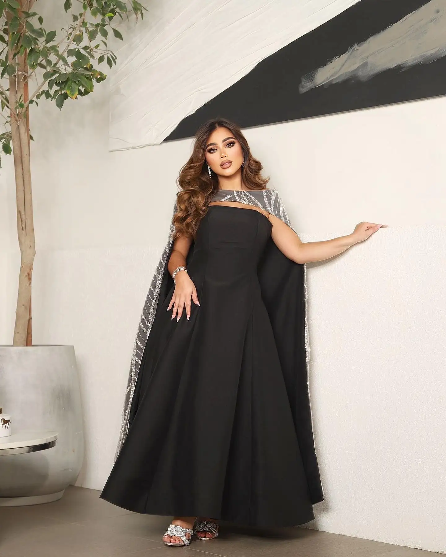 

Noble Black Strapless Neckline Prom Dress Shawl Sleeves With Ankle Length Evening Summer Elegant Party Dress For Women2023