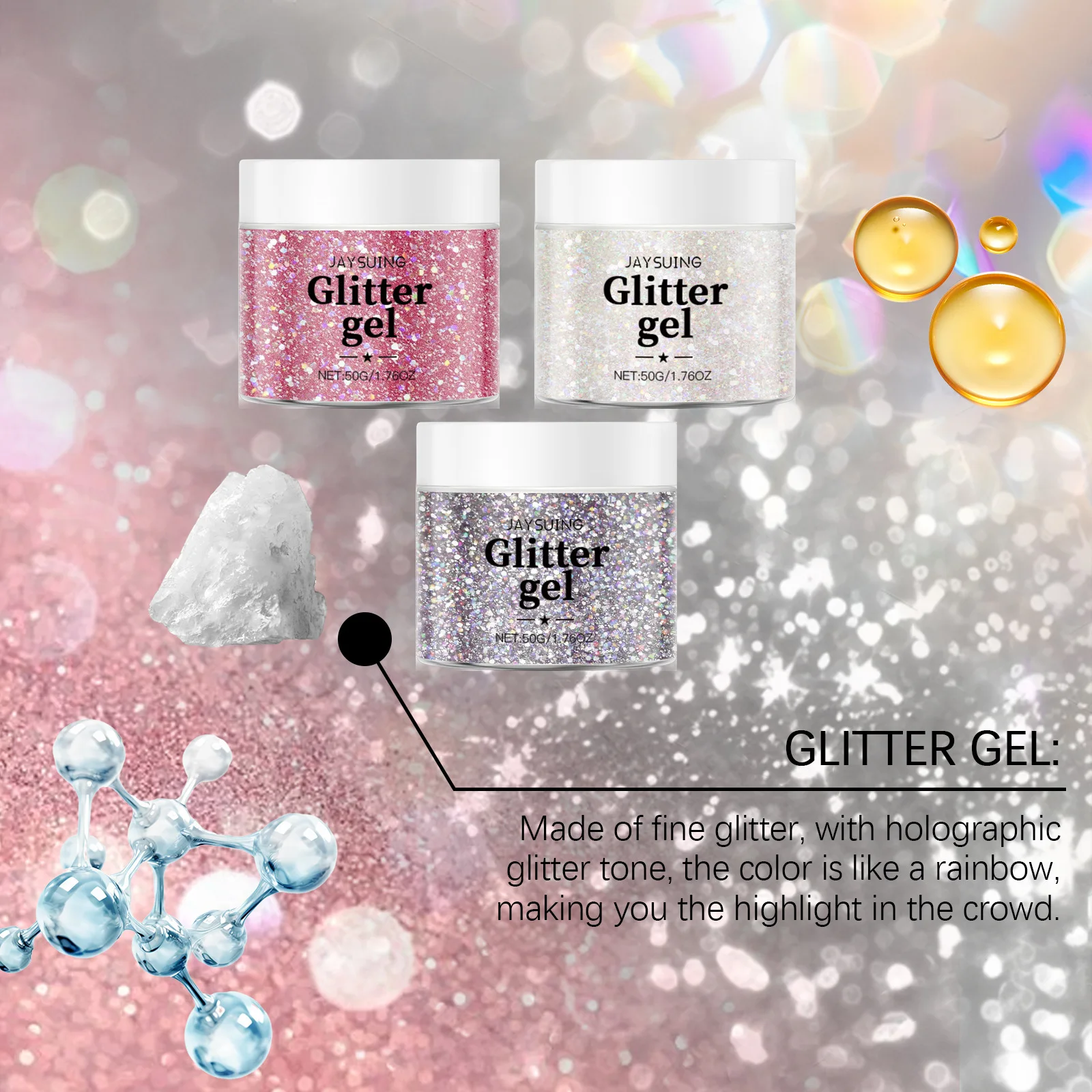 Body Glitter Gel Face Hair Nail Sequin Gel Eye Shadow Liquid Lasting Sparkling Shine Waterproof Diamond Jewel High Gloss Glitter 3