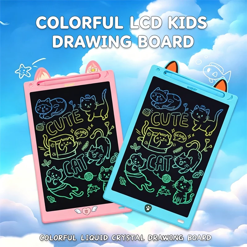 Tavoletta LCD da 12 pollici per disegnare, lavagna magica con cartoni animati di gatti, per bambini, giocattoli educativi Montessori, regalo