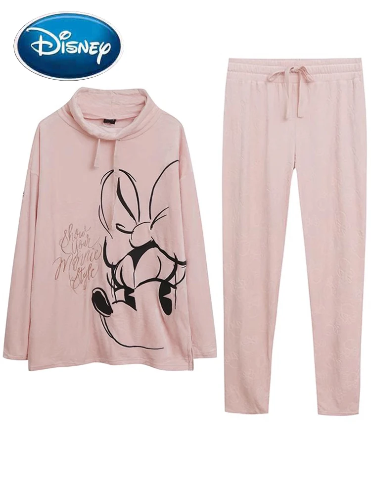 

Disney Minnie Mouse/розовый свитер с вышивкой из мультфильма, Женский флисовый джемпер с высоким воротом, топы + брюки, штаны, 1 комплект, Femme