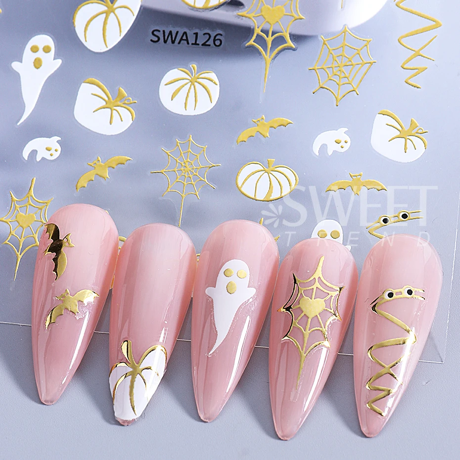 4pcs Halloween Nail Stickers 3D Metal Love Spider Web Ghost Pumpkin Maple Leaf Self-Adhesive Nail Decals DIY Manicure Decoration