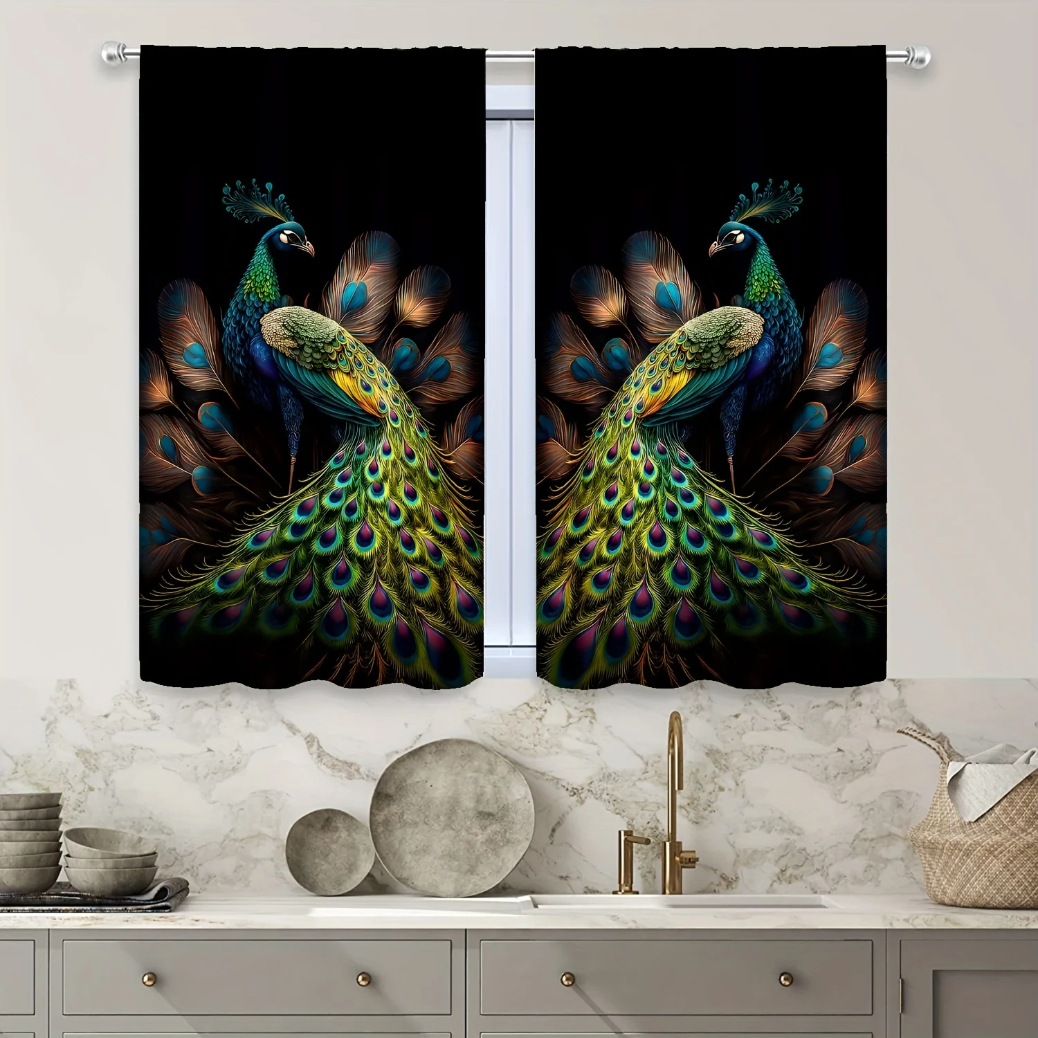 

2pcs Peacock Printed Curtains Elegant Black and Golden Style for Study Room Kitchen Living Room Bedroom and Home Decor Rod Pocke