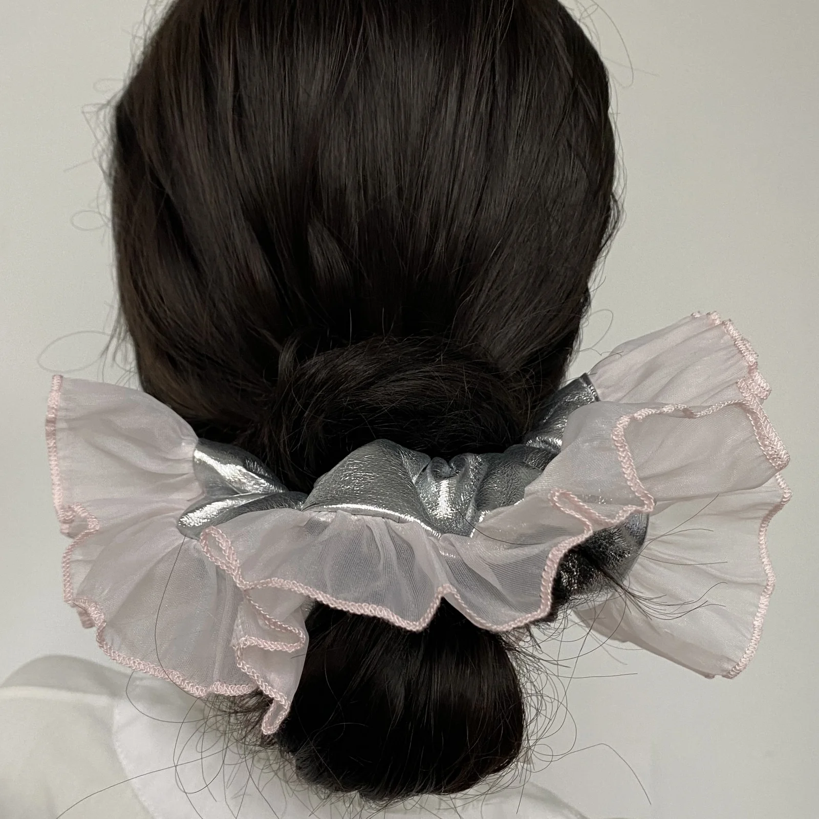 1PC  INS - Style Hair Scrunchies, Silver PU Leather With Pink Organza, Korean - Japanese Design, Chic Hair Bands