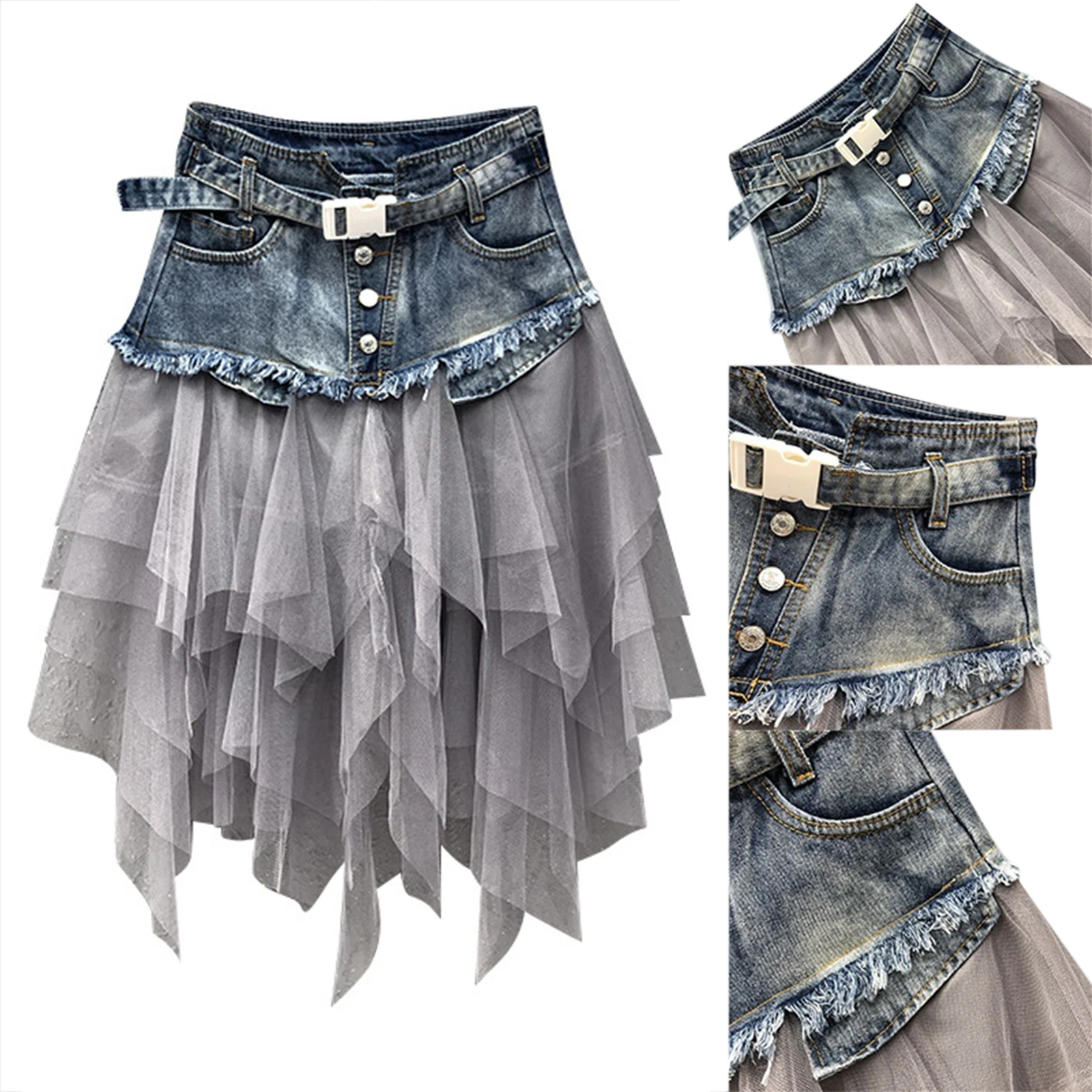 2023 Sexy Denim Mesh Layer Splicing Skirt Women Ladies High Waist