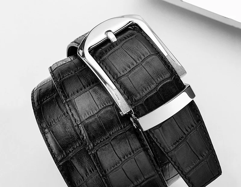 Top Quality Simple Design Pin Buckle Metal Belts Men Striped Black Cow Genuine Leather Belt 3.3cm Width Clothes