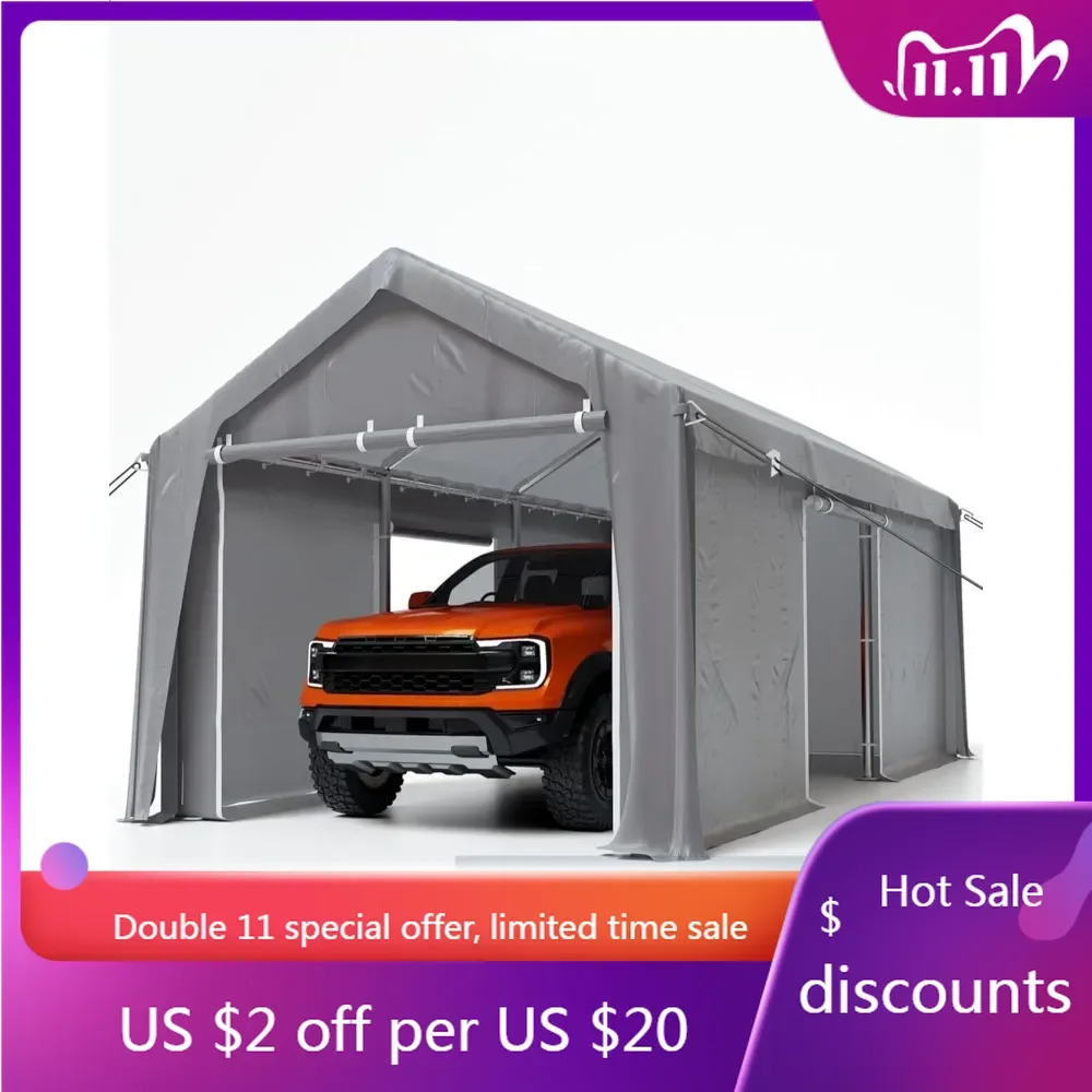 Carport 13'x20' Portable Garage, 14 Mil PE Canopy & 1.0 mm Thick Heavy Duty Steel Poles, and 4 Roll-up Side Doors, for Fullsize