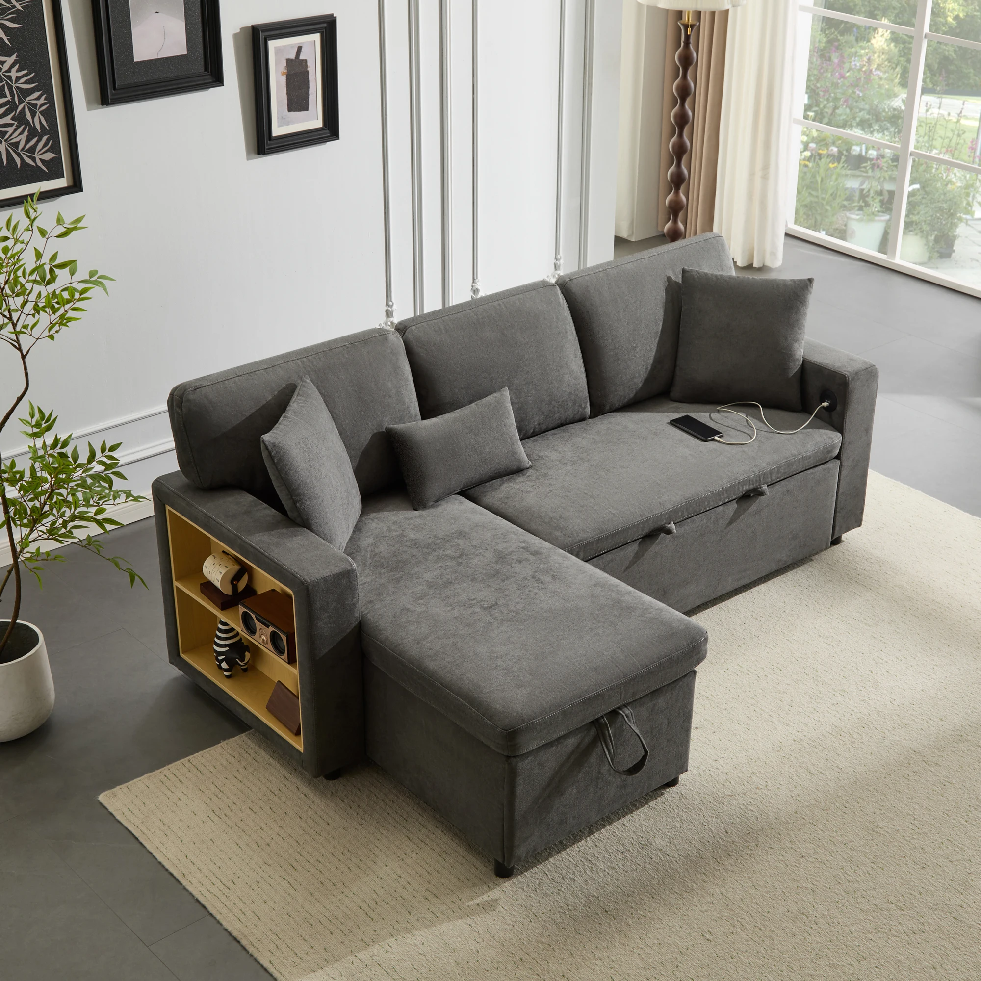 KOMHTOM Ecksofa L-Form mit Schlaf- und Bettfunktion - Ausziehbarer Schlafcouch mit Bettkasten und integriertem Regal – Detail 5