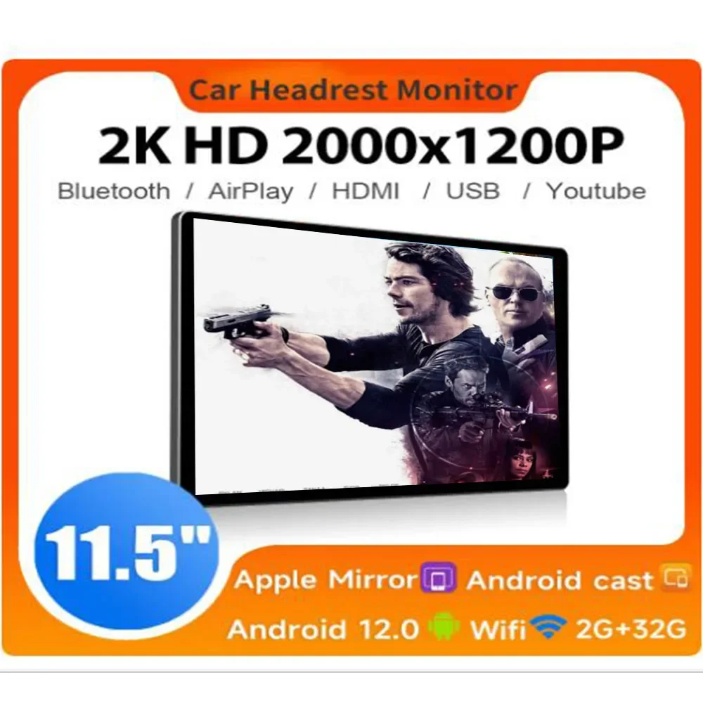 

13‘’ Headrest Monitor Display IPS Android 12 Touch Screen For Car Rear Seat Player Video Music FM Bluetooth AirPlay HDMI