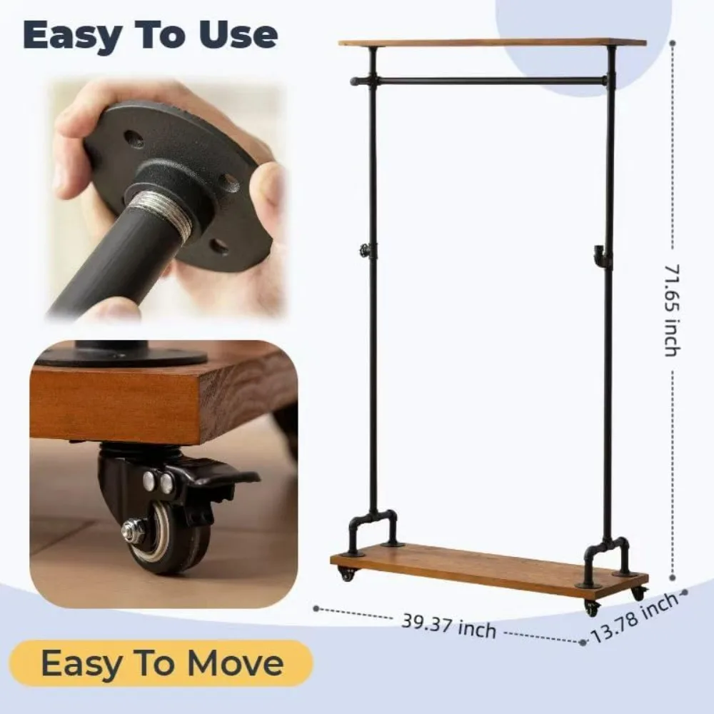 Sturdy Industrial Style Clothing Rack with Lockable Wheels, Storage Shelves, and Shoe Rack for Heavy Duty Use