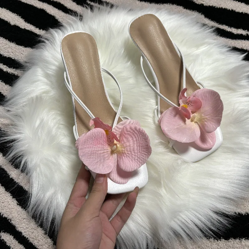 Orchid Flower Floral Square Toe Prom Slingback Heels for Women women slippers