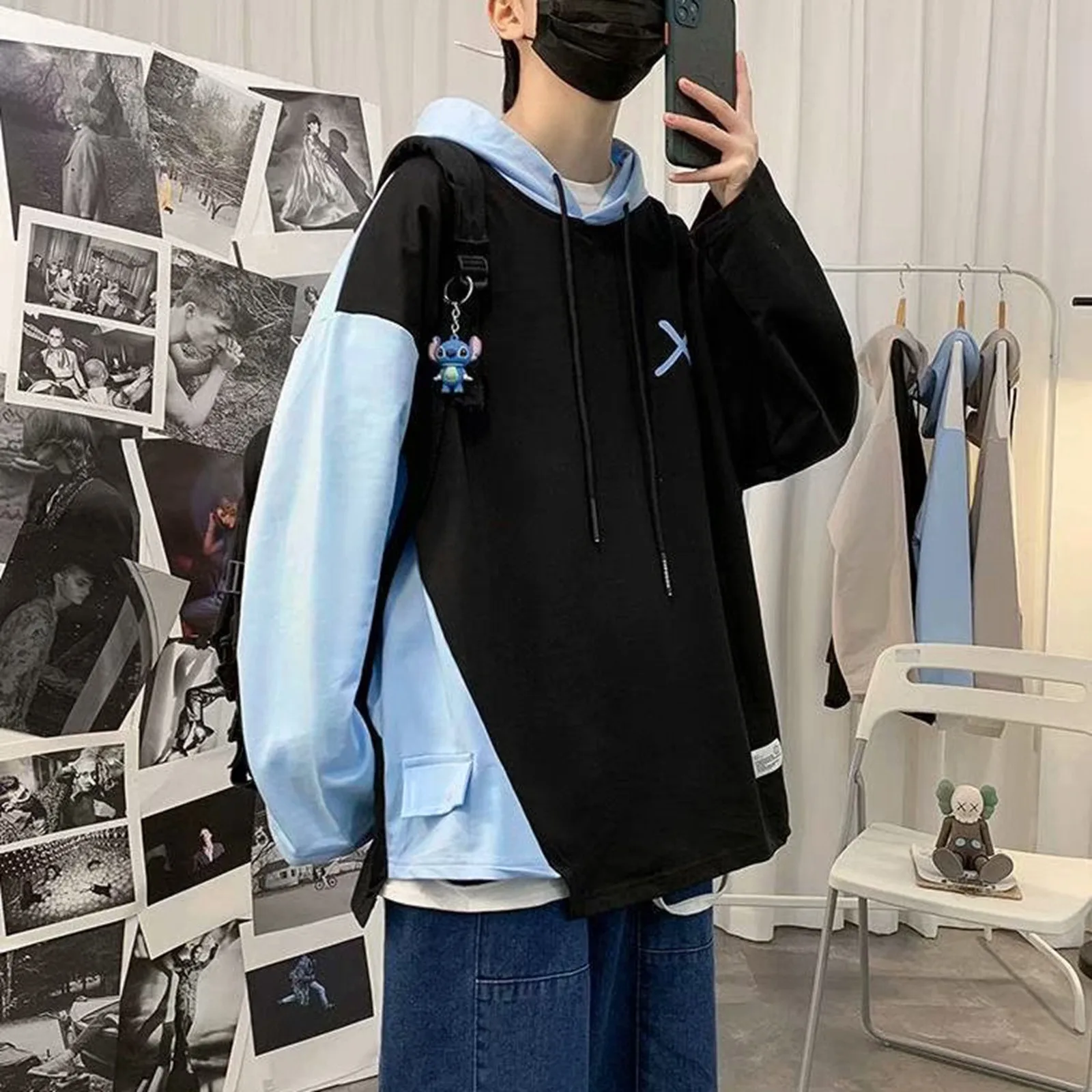 

Y2k Streetwear Men'S Hoodies Colorblock Sports Sweatshirt Fake Two Pieces Long Sleeve Sweater Irregular Cross Print Coat 2023