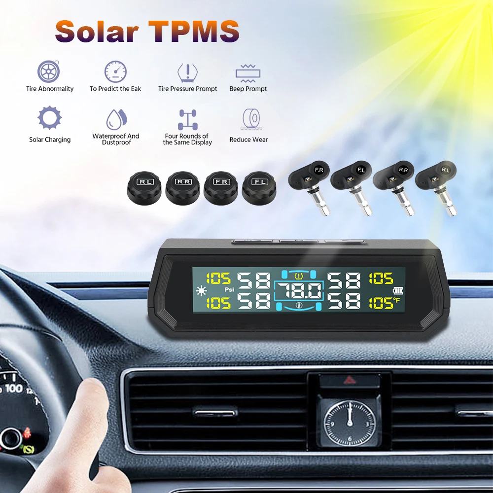 Sistemi di allarme di sicurezza automatici universali nel display della temperatura dell'auto Sistema di monitoraggio della pressione dei pneumatici per auto USB / TPMS solare