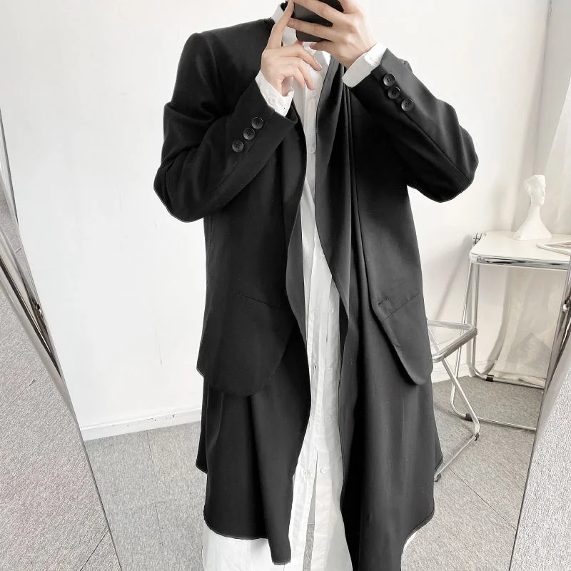 

Spring 2022 Men's Splicing Irregular Deconstruction Suit Coat Fake Two Pieces Design New Black Trend Mid Long Blazer 2Y2272