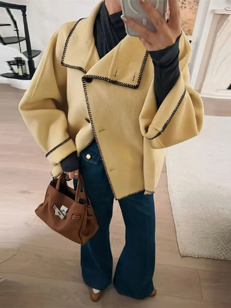 HH Women Fashion Contrast Faux Woolen Coats Turtleneck Long Sleeve Single Breasted Oversizes Loose Jackets Woman Chic Outwears