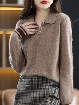 Naiste 100% meriinovillast nööpidega v-kaeluse, laia krae ja triipmustritega kampsun S-XXL 1