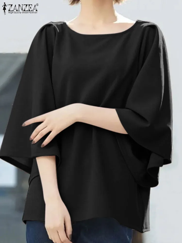 

ZANZEA Female Tunic Solid Office Work Shirt Fashion Summer Tops Women Stylish OL Blouse Casual O Neck 3/4 Flare Sleeve Blusas