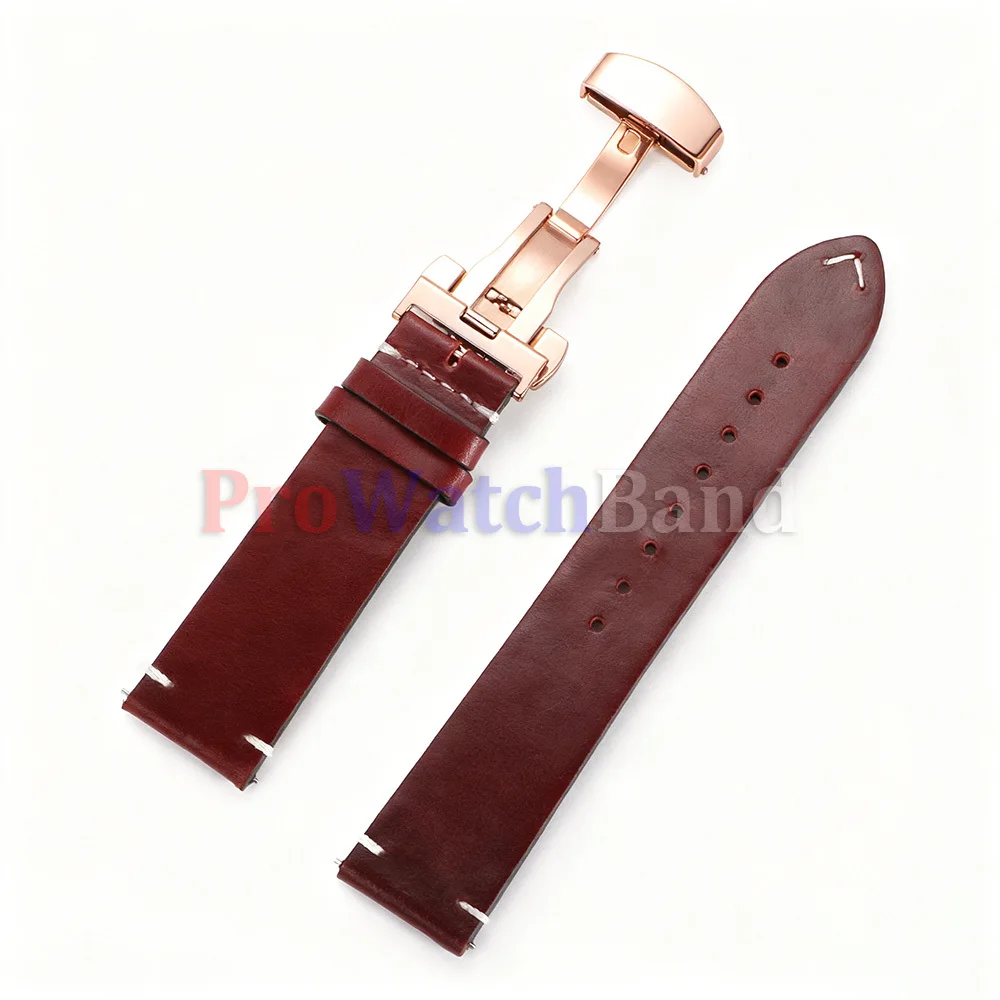 Vintage Soft Oil Wax Cowhide Watch Strap with Butterfly Buckle - Quick Release