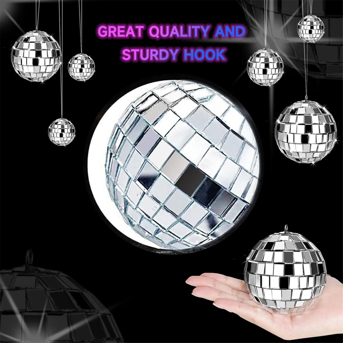 24 Pcs Mirror Disco Ball Hanging, Glass Disco Ball Decor, Disco Party Decorations, for Holiday Party Decor with Rope 5
