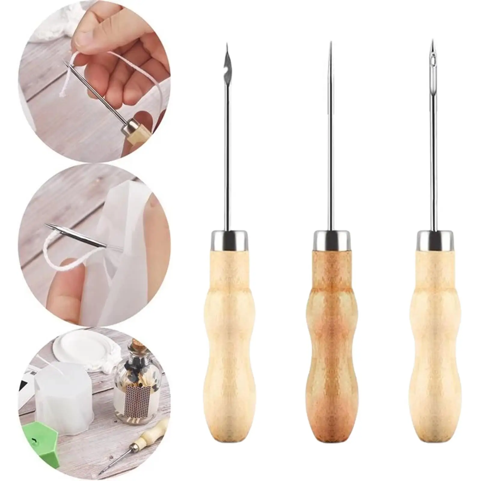 3x Sewing Awl Wooden Handle Punching Punch Hole Sewing Tools Tool Kit Needle for Candle Making Canvas DIY Handmade Tool