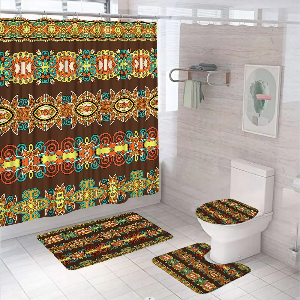 

Tribal Shower Curtain Sets Vintage Bohemia Boho Ethnic Mandala Bathroom Curtains Non-Slip Bath Mat Pedestal Rug Lid Toilet Cover