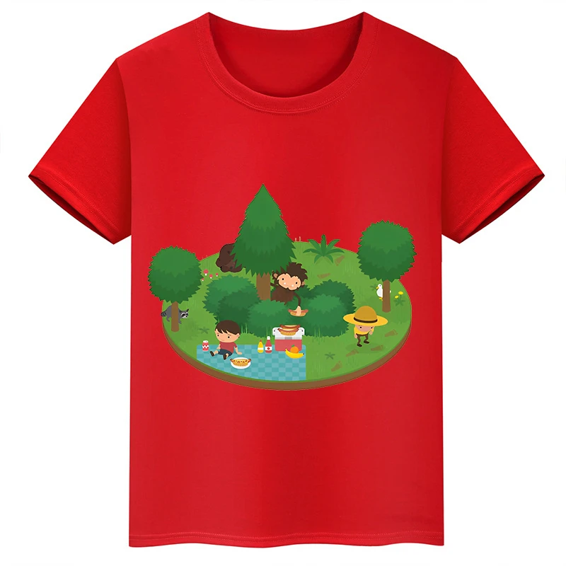 thumbnail image 1 of Camiseta de algodón roja de manga corta de verano para niños y niñas con estampado de cabeza grande de Sasquatch furtivo, 1 of 5