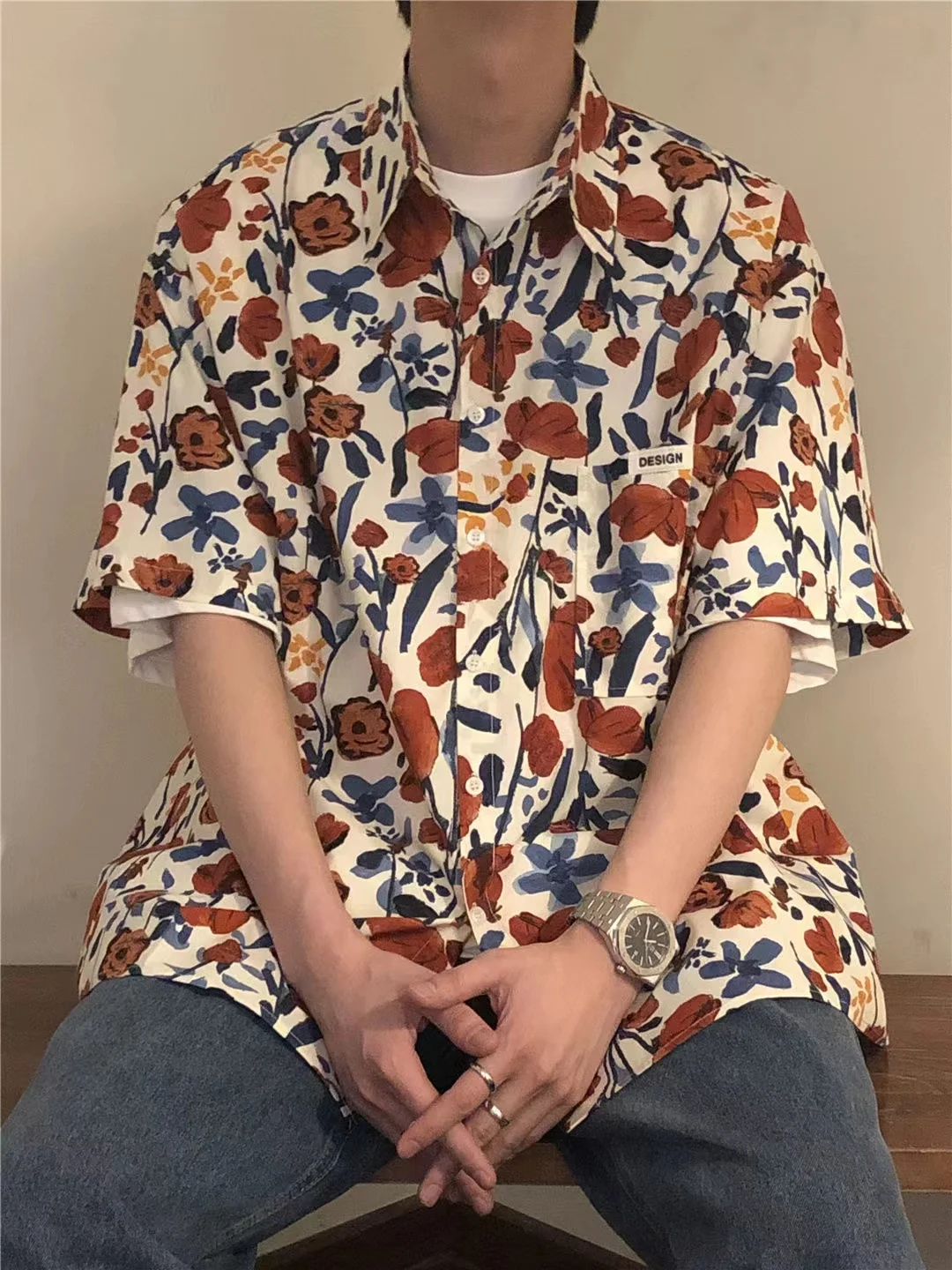 

2022 Summer Men's Retro Printing Floral Short Sleeve Shirts Handsome Fashion Trend Popular Lapel Collar Red Color Shirts M-2XL