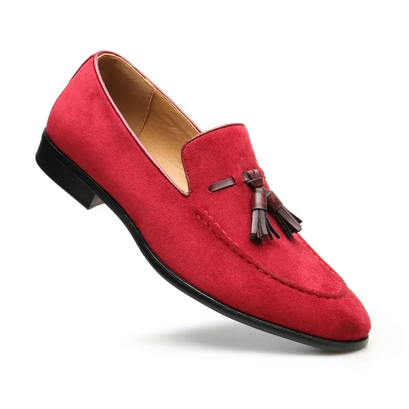 Vintage Loafers Men Red Tassels Round Toes Low Heels Slip-On Fashion Business Party Leather Shoes Scarpe Da Uomo In Pelle Rossa