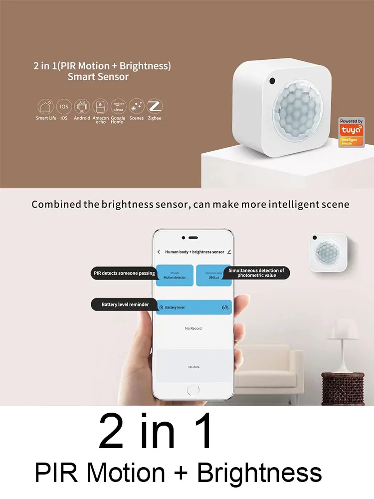Bateria de Energia Dupla & Usb Tuya Zigbee Pir Sensor com Detecção de Iluminação Detectar Movimento Humano e Lux Sensores Segurança em Casa