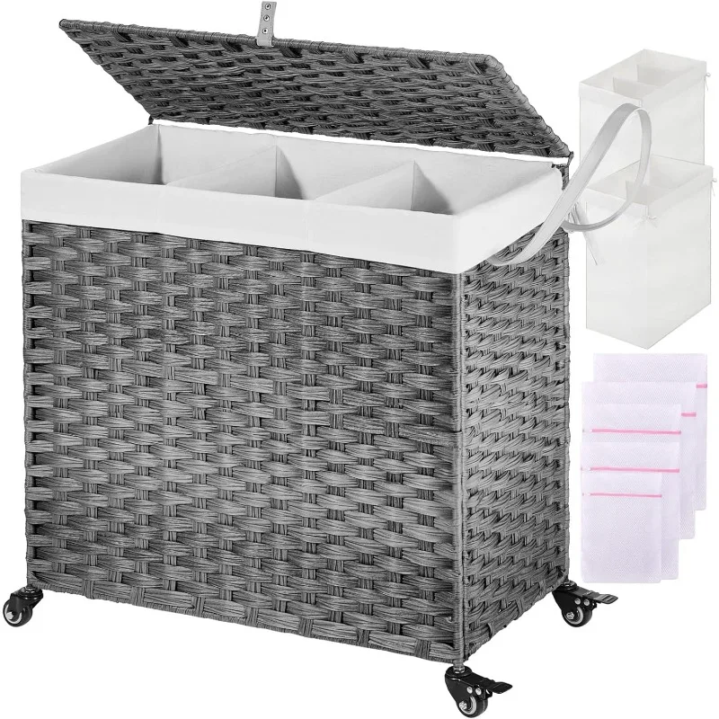 

Laundry Hamper with Wheels&Lid, 125L Large 3 Sections Clothes Hamper with 2 Types Removable Liner Bags, 5 Mesh Laundry Bags