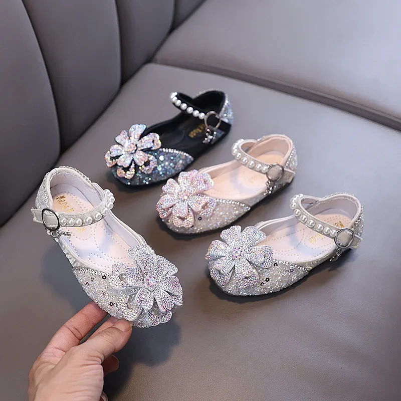 Girls Leather Flat Shoes with Rhinestone for Autumn Party