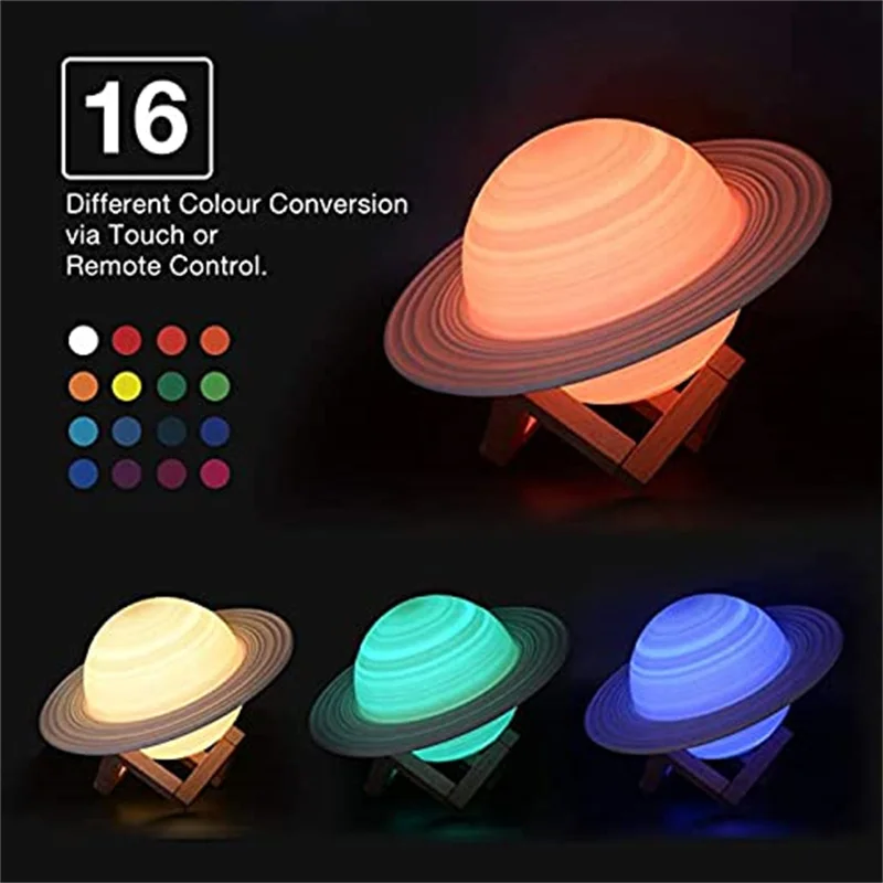 

LED Saturn Night Light For Kids 3D Printing 6.3 Inch 16 Colors Bedside Lamp With Stand Remote and Touch Control USB Rechargeable