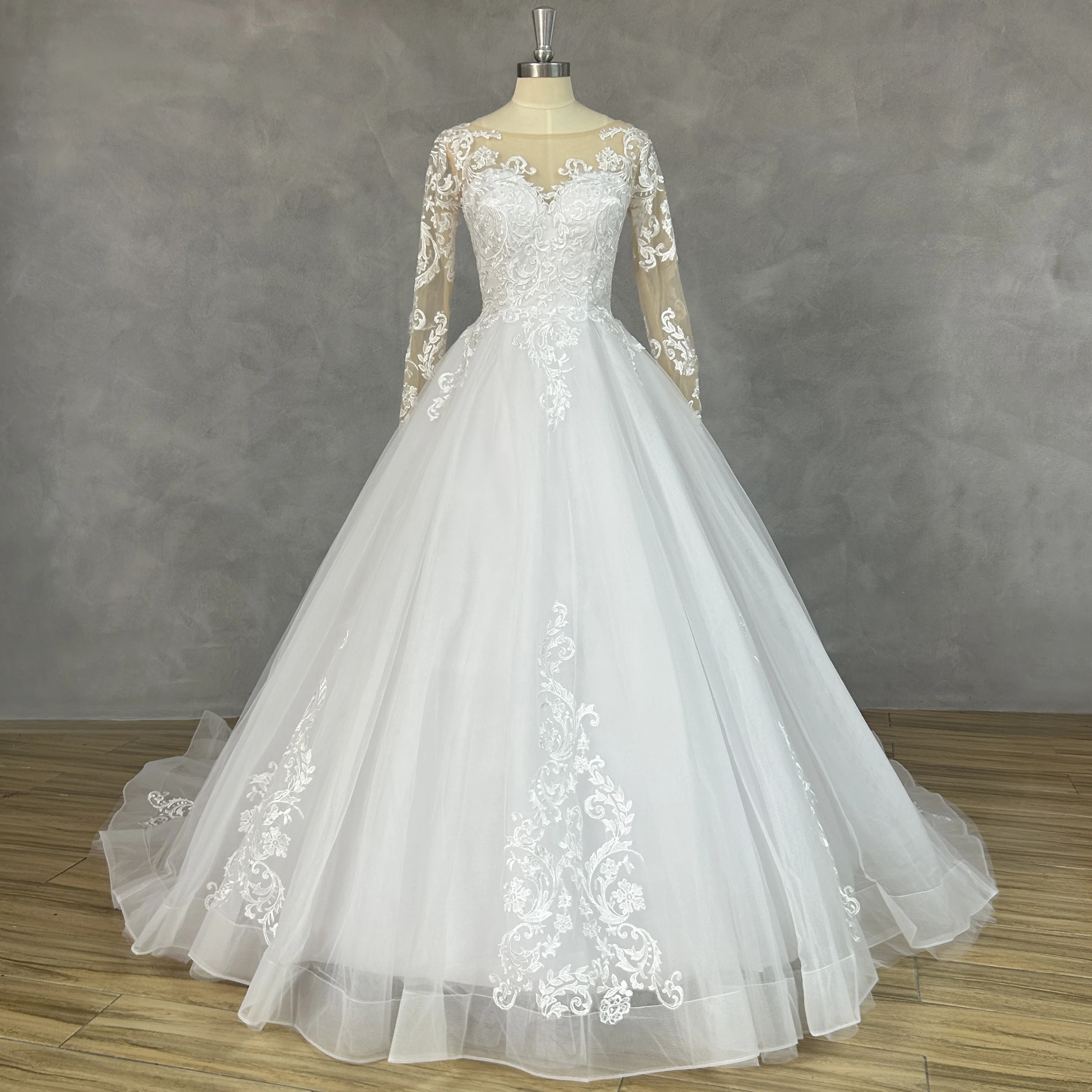 

DIDEYTTAWL Real Picture O-Neck Appliques Long Sleeves Ball Gown Wedding Dress A-Line Button Back Bridal Gown Custom Made