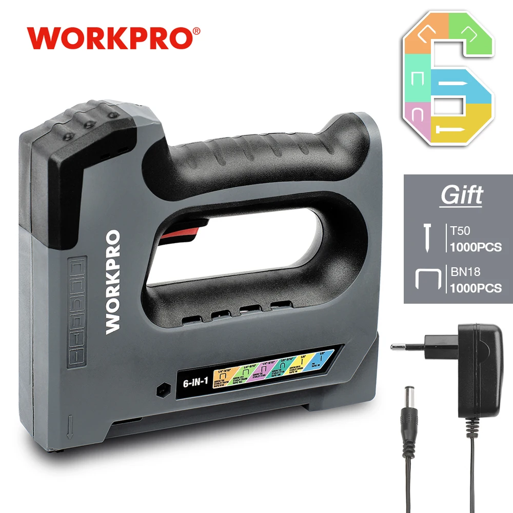 WORKPRO Electric Cordless 6 IN 1 Heavy Duty Staple Gun with 2000pcs Nails & Charger 3.6V Nailer Hand Tool Wood Frame Stapler