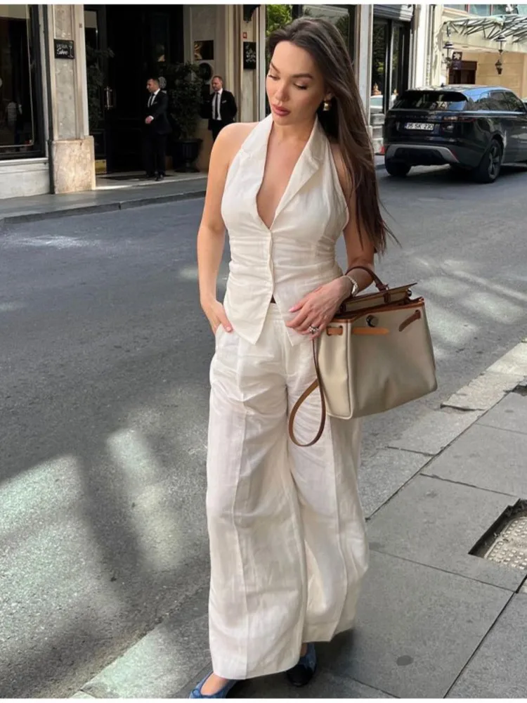 

Sexy Backless Halter Tops Pants 2 Piece Sets Women Fashion V-neck Shirt Wide Leg Trouser Suit Casual High Streetwear Outfits