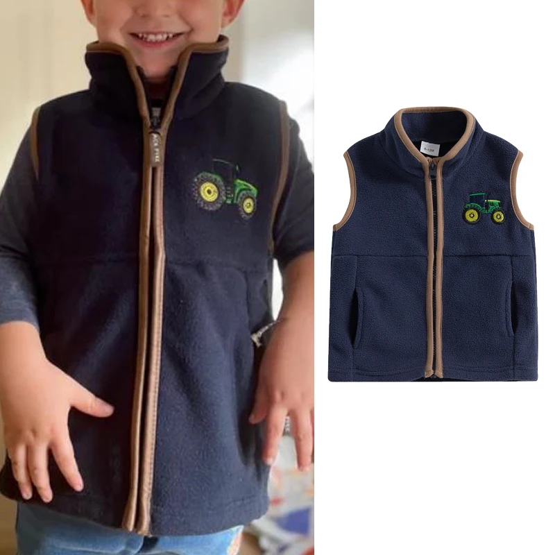 Children Vest 0-4Y Toddler Kids Boys Autumn Sleeveless Stand Collar Zip Up Tractor Embroidery Fleece Vest Jacket