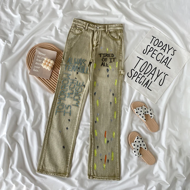 

Женские джинсовые брюки, прямые джинсы с вышивкой, женские весенние брюки с высокой талией, повседневные брюки с потертым рисунком, модель 2XL