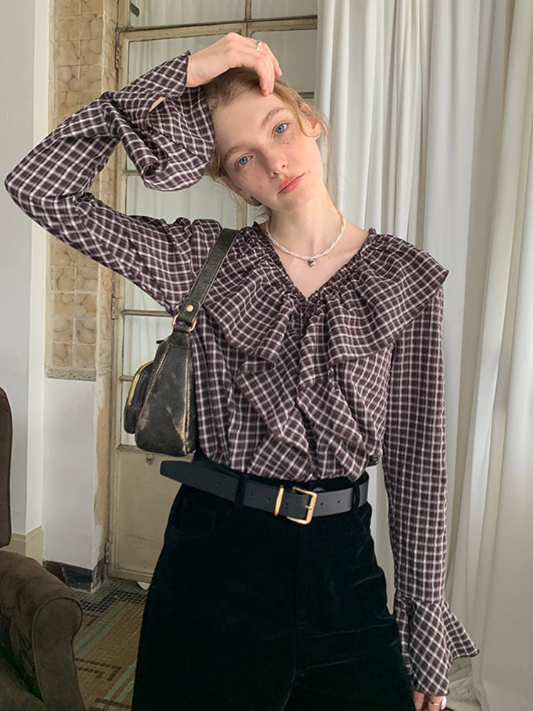 

GypsyLady French Vintage Plaid Shirt Blouse Blue Brown Cotton V-neck Ruffles Long Sleeve Women Autumn Spring Fashion Ladies Tops