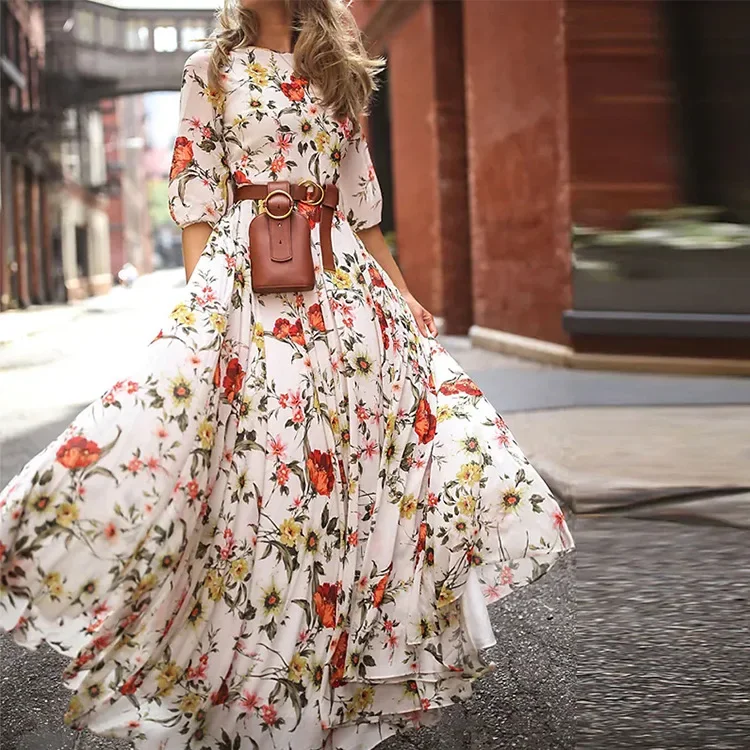 

Spring Summer Vintage Flower Floral Print Maxi Dress Office Lady Fashion Elegant Long Sleeve O-neck Dresses For Women 2024