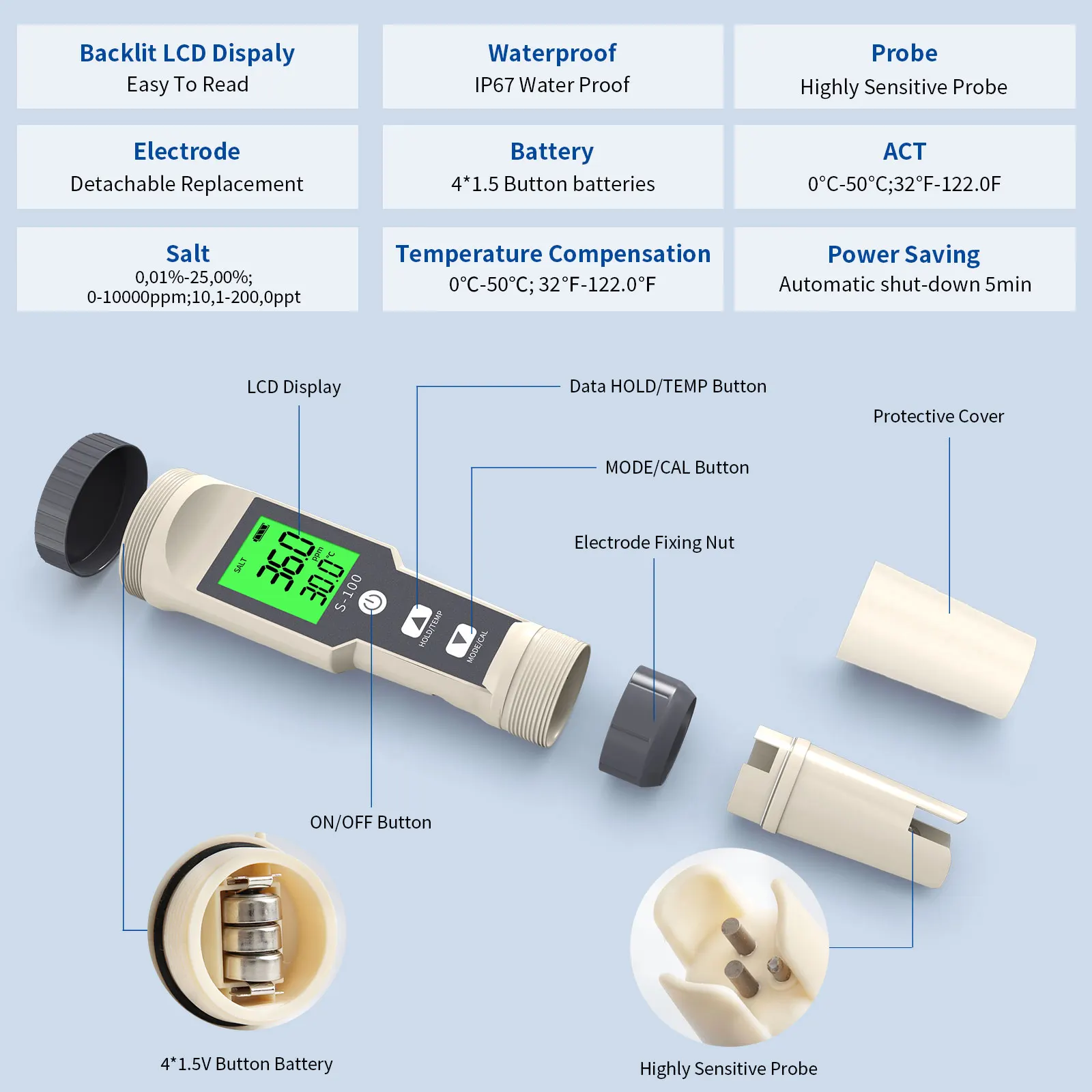 Digital Salinity Meter Tester Pen - LCD Backlight Screen, Measures Up To 99°C For Food, Aquariums & Pools