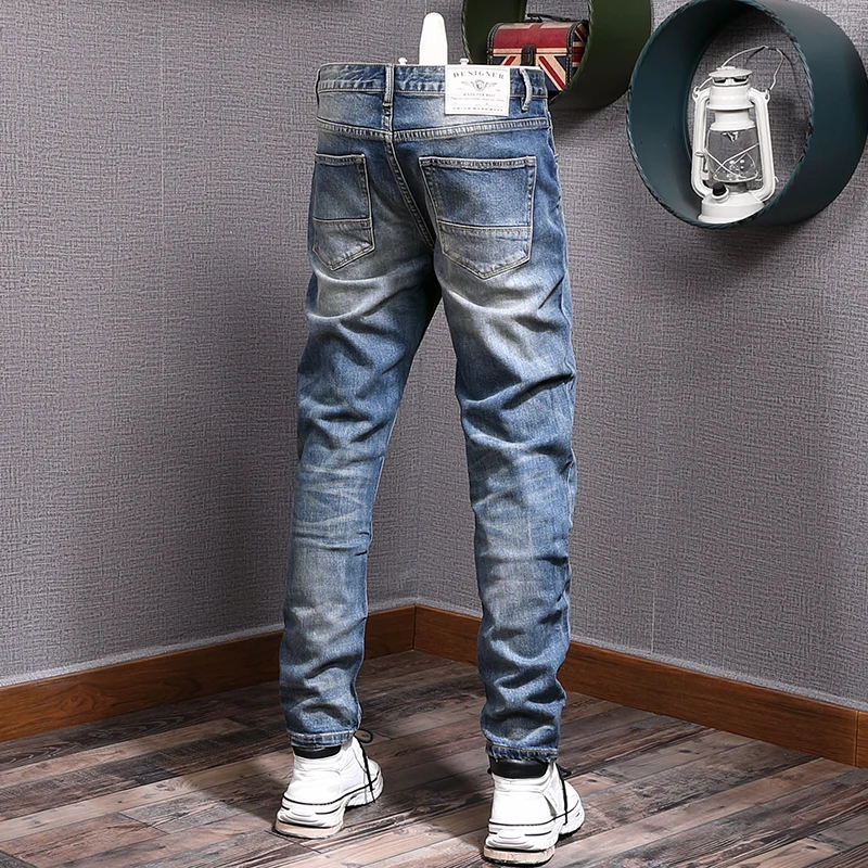 Italian Style Fashion Men Jeans High Quality Retro Blue Stretch Slim Fit Ripped Jeans Men Vintage Designer Denim Pants Hombre