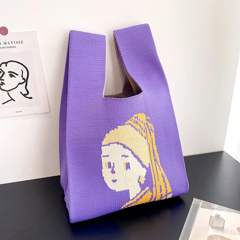 

Girl Figure Pattern Knitted Handbag Trendy Handmade Women Shoulder Bag Reusable Vest Leisure Tote Korean Students Lunch Box Bags