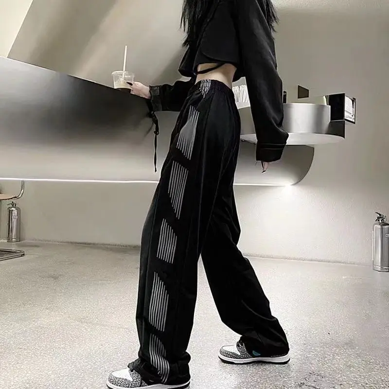 Harajuku Woman Clothes Black Oversize Striped Sweatpants Elastic High Waist Spring Summer Pockets Joggers Sports Casual Trousers