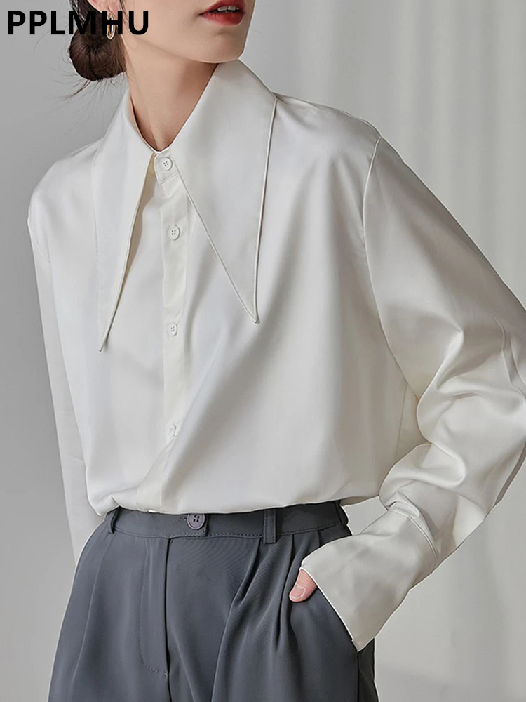 

Satin White Shirts Women Korean Design Pointed Lapel Smooth Blouses Casual Loose Spring Camisas New Soft Tops Office Blusas